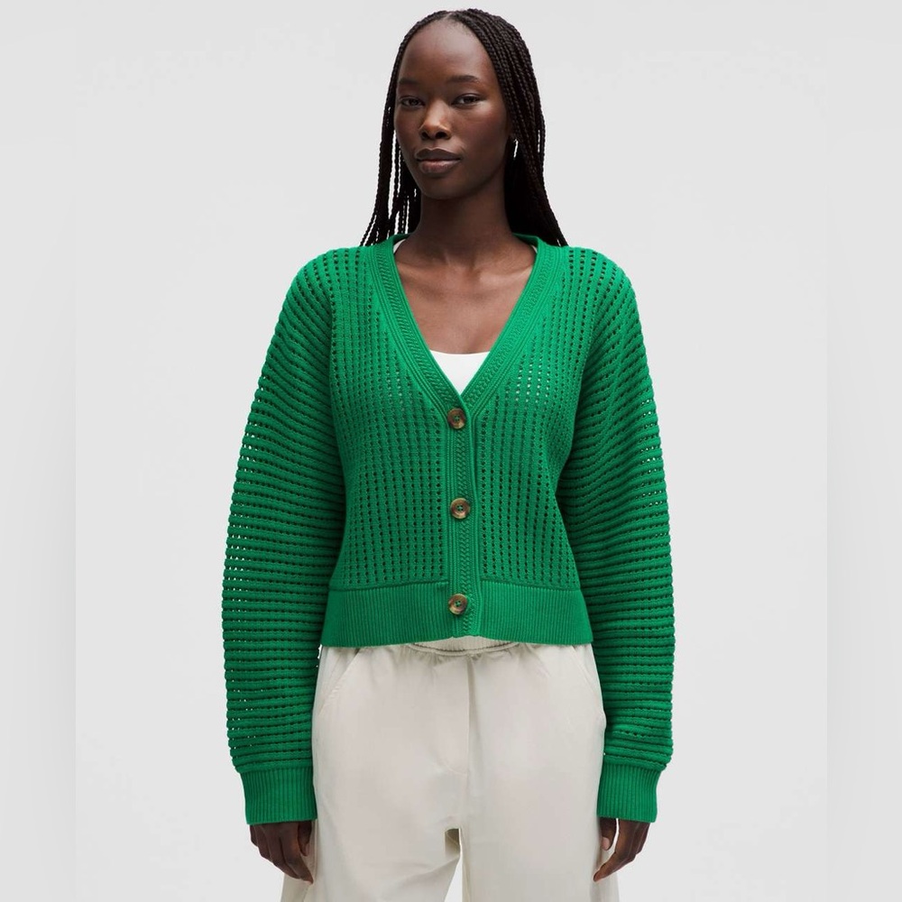 Lululemon•Cotton Crochet Mesh Relaxed-Fit Cardigan•Raceway Green•BNWT•XL